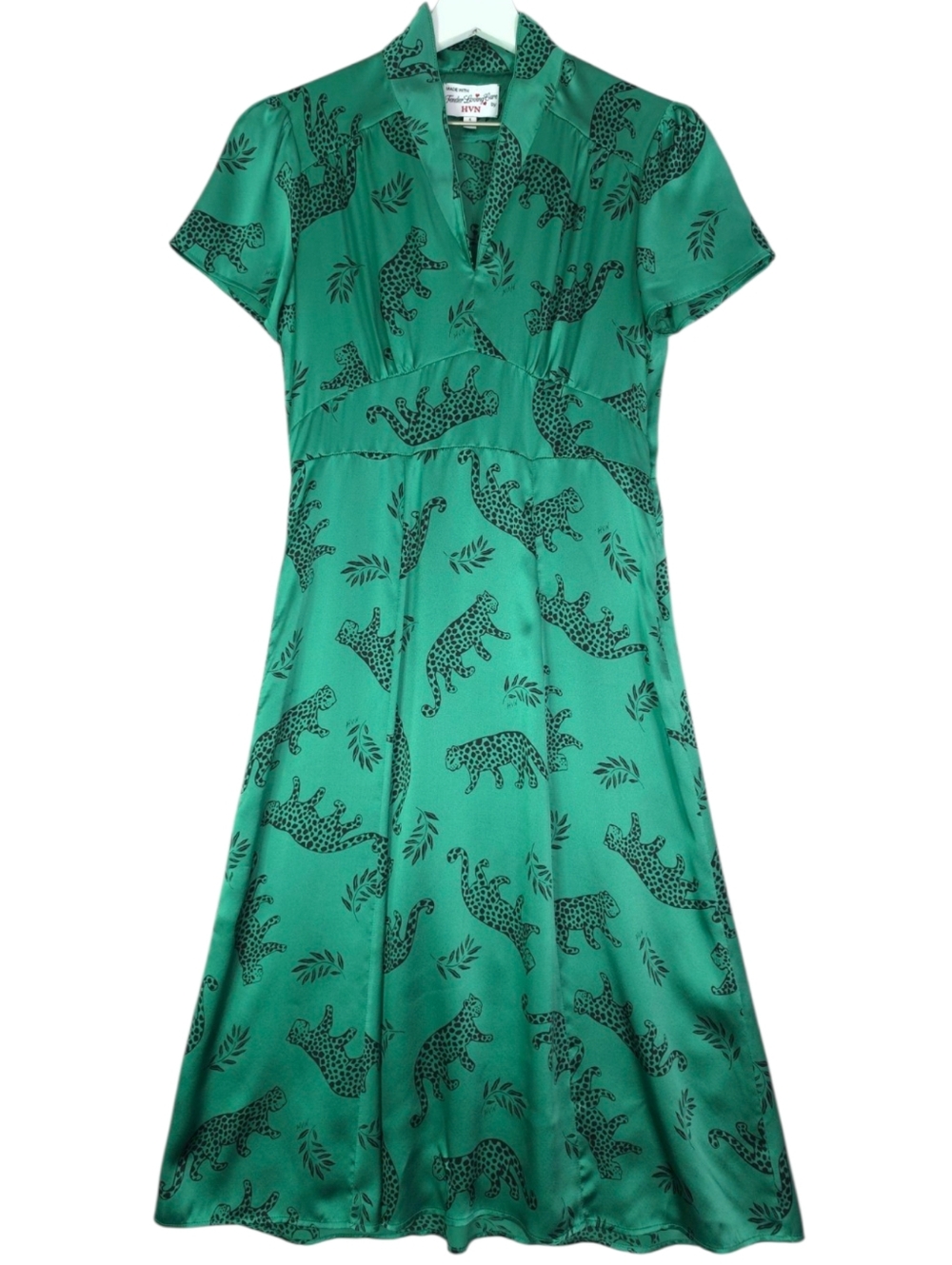 HVN Silk Leopard Print Vneck A-line Dress In Green Shiny Tarzan